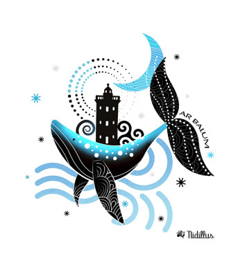 Coupon de tissu " Baleine en mer d'Iroise et phare de Kermorvan" -PRECOMMANDE